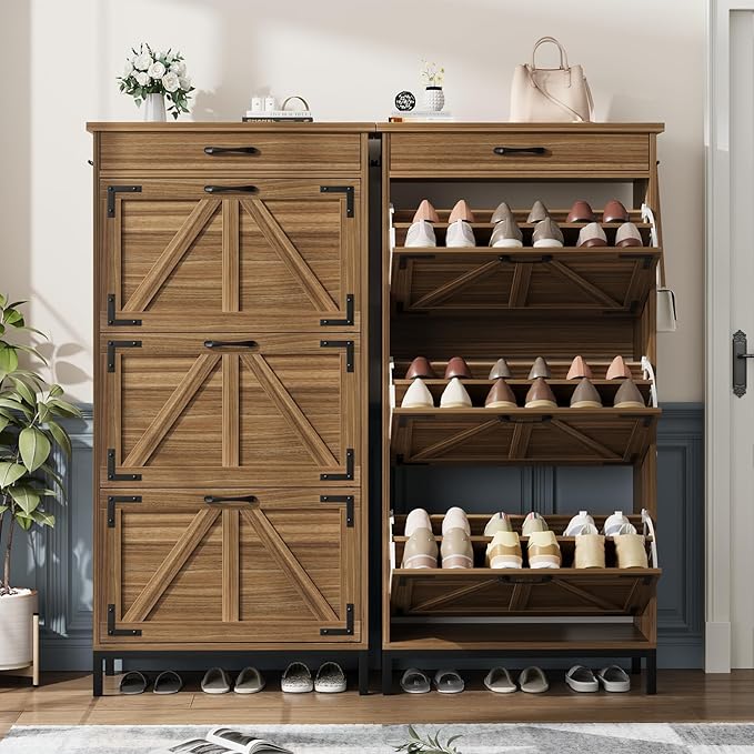 Shoe Cabinet Storage for Entryway with 3 Flip Drawers and 1 Top Drawer, Freestanding Hidden Narrow Shoe Cabinet with Metal Legs for Foyer, Hallway (Brown)