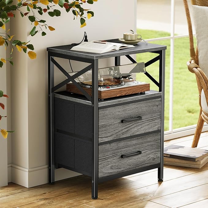 Huuger Night Stand with Charger Station, 2 Drawer Nightstand with Open Shelf, Bed Side Table with USB-C Port, End Table, Compact Size for Small Spaces, X Shaped Side Rail, Grey