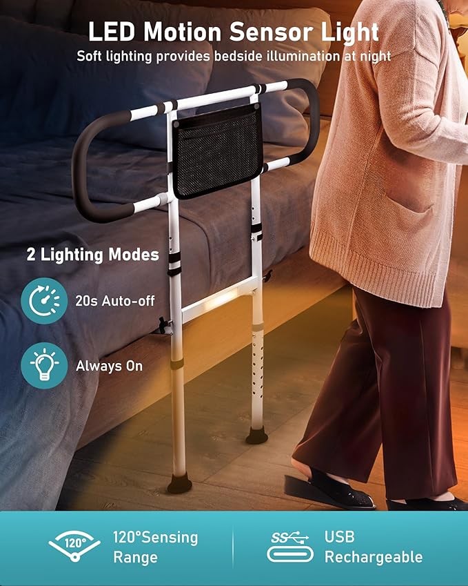 AMOVO Bed Rails for Elderly Adults Safety Bed Guard Rails for Seniors Extended Handle Bed Assist Rail with Sensor Light Storage Pouch, Stable Bedside Cane Support Bar Grab, Fit King Queen Full Twin