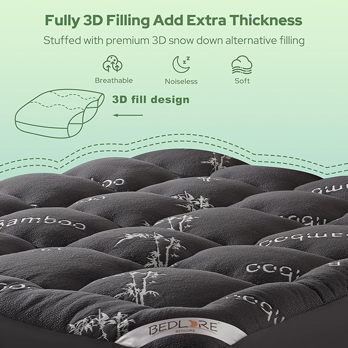 BEDLORE Full Size Mattress Topper Viscose Derived from Bamboo, Thick Pillow Top Mattress Pad with Stretchable Pockets for 6"-15" Mattress, Breathable Mattress Topper for Back Pain Relief(Dark Gray)