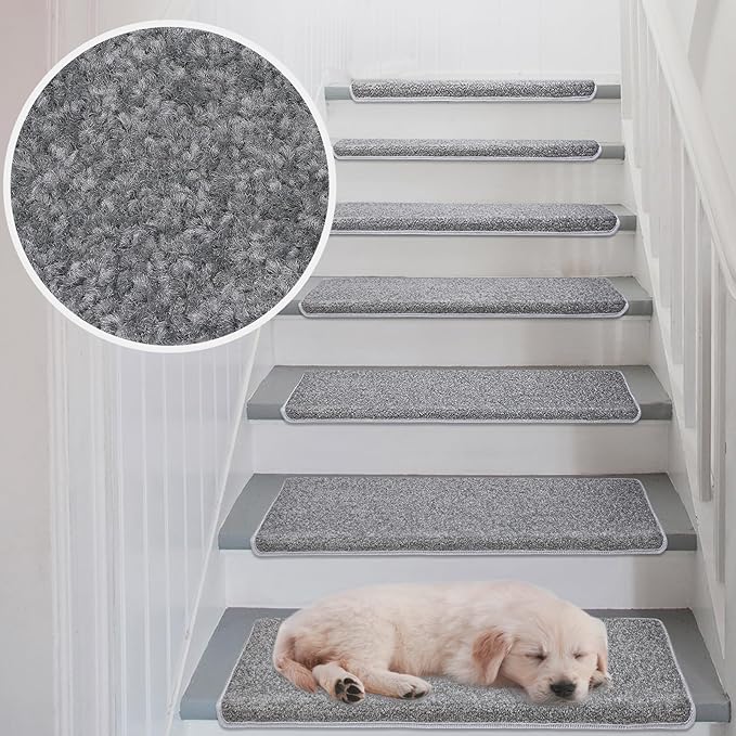 PURE ERA Bullnose Carpet Stair Treads Set Tape Free Non-Slip Indoor Stair Protectors Pet Friendly Rugs Covers Soft Skid Resistant Washable Reusable 9.5" x 30"(7 Pieces,Gray)