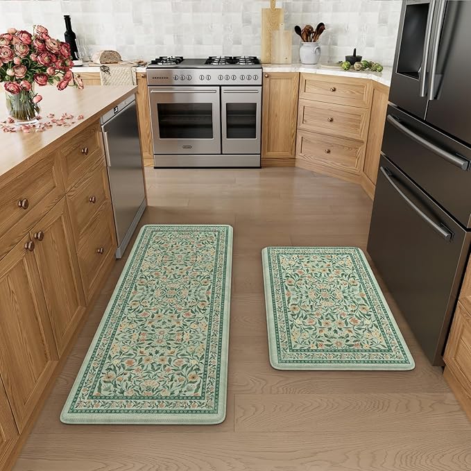 KIMODE Anti Fatigue Kitchen Mats for Floor 2 Piece, Boho Floral Kitchen Rugs Non Slip, Memory Foam Kitchen Floor Mats, Ergonomic Standing Mats for Sink Laundry Office Desk Green 20"x47"+20"x32"