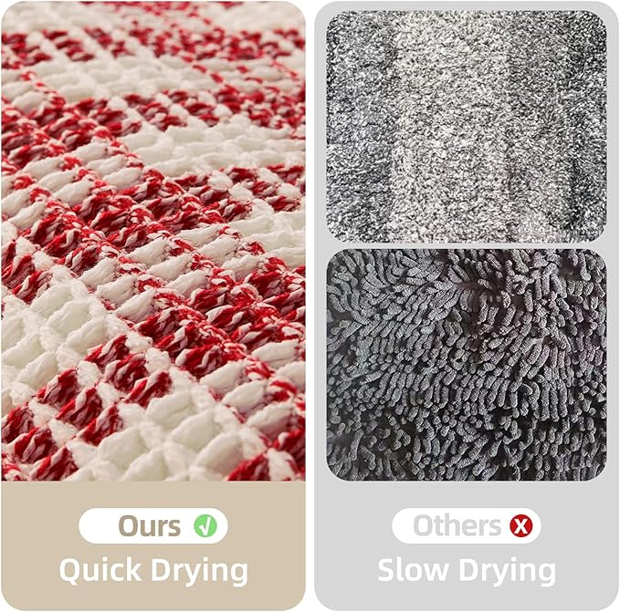 Waffle Bath Mat, Boho Christmas Bathroom Rugs Non Slip Washable Absorbent Checkered Bathroom Mat Quick Dry Cute Bath Mat, 24"x16" Red and White