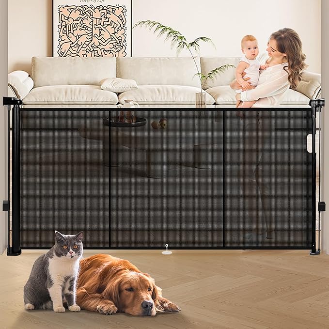 81" Retractable Baby Gate Extra Wide, 41" Tall Retractable Dog Gate for Stairs, Doorways, Decks, Mesh Gate Long Child Gate Pet Gate for Indoor, Outdoor, with Reinforced Mesh Rods, Dual Locks