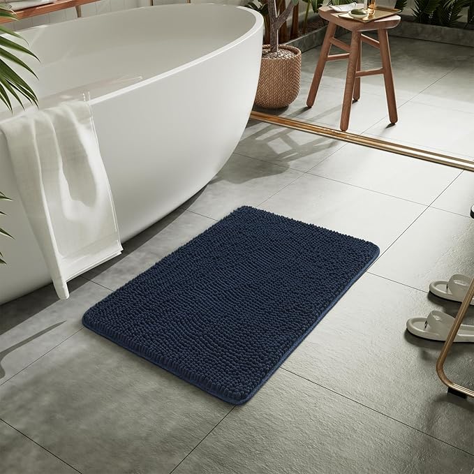 LOCHAS Luxury Bathroom Rug Shaggy Bath Mat 20 x 30 Inch, Washable Non Slip Bath Rugs for Bathroom Shower, Soft Plush Chenille Absorbent Carpets Mats, Navy