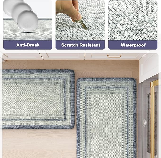 KIMODE Anti Fatigue Kitchen Mats for Floor, Blue Grey Farmhouse Kitchen Rugs Sets of 2, Padded Kitchen Floor Mats Non Slip, Cushioned Standing Mats for Front of Sink Laundry Desk 20"x71"+20"x32"