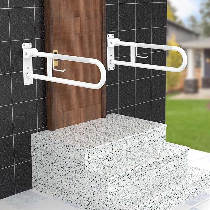 U Shaped Toilet Grab Bar 30.3 Inch, Munzong White Anti-Slip Support Rail, Flip-Up Bathroom Grab Bar with Paper Holder, Stainless Steel Knurled Handicap Safety handrails for Elderly Disabled Pregnant