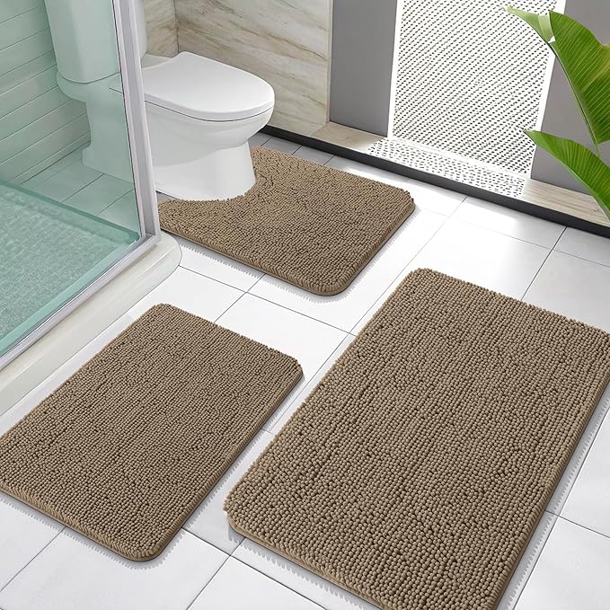OLANLY Bathroom Rugs Sets 3 Piece, Soft Absorbent Chenille Bath Mats and U-Shaped Contour Toilet Rug, Quick Dry, Home Decor Accessories, Bath Mat Set for Bathroom (30"x20"+24"x16"+24"x20", Tan)