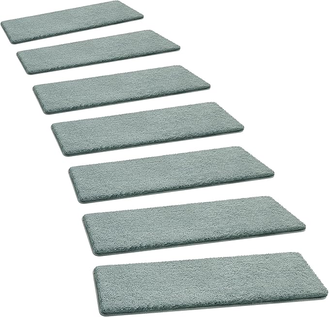 PURE ERA Carpet Stair Treads Ultra Plush 8 x 30 inch Soft Indoor Stair Protectors Pet-Friendly Non-Slip Skid Resistant Tape Free Washable Reusable(7 Pieces,Greenish Gray)