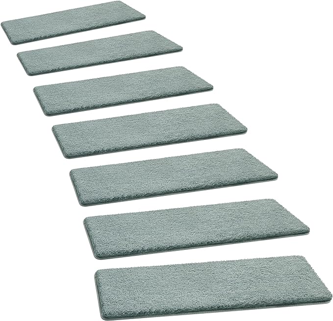 PURE ERA Carpet Stair Treads Ultra Plush 8" X 30" Soft Indoor Stair Protectors Pet-Friendly Non-Slip Skid Resistant Tape Free Washable Reusable(14 Pieces, Greenish Gray)