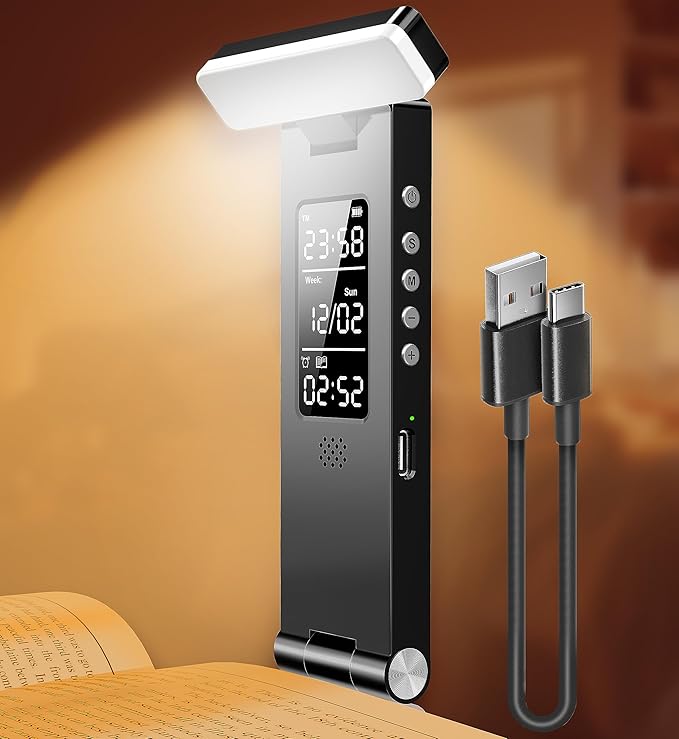 Book Lights, Rechargeable Reading Light in Bed, Smart Adjustable Reading Lights, Portable Bookmark Night Lamp, Built-in Battery & LCD Display, with Timer, Clock, Alarm, Date