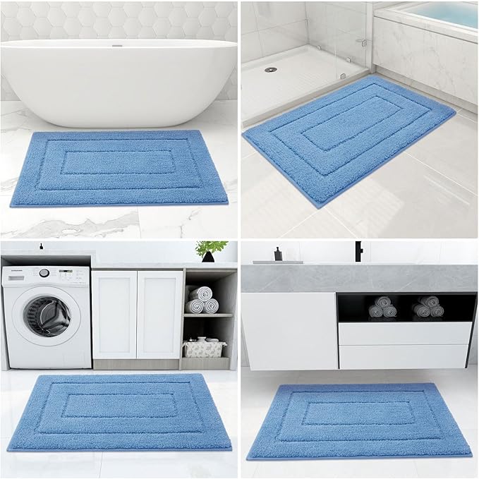 Buganda Bathroom Rugs, 47" x 24", Soft and Absorbent Microfiber Bath Rugs, Non-Slip Shaggy Shower Carpet, Machine Wash Dry Bath Mats for Bathroom Floor, Tub and Shower, Blue