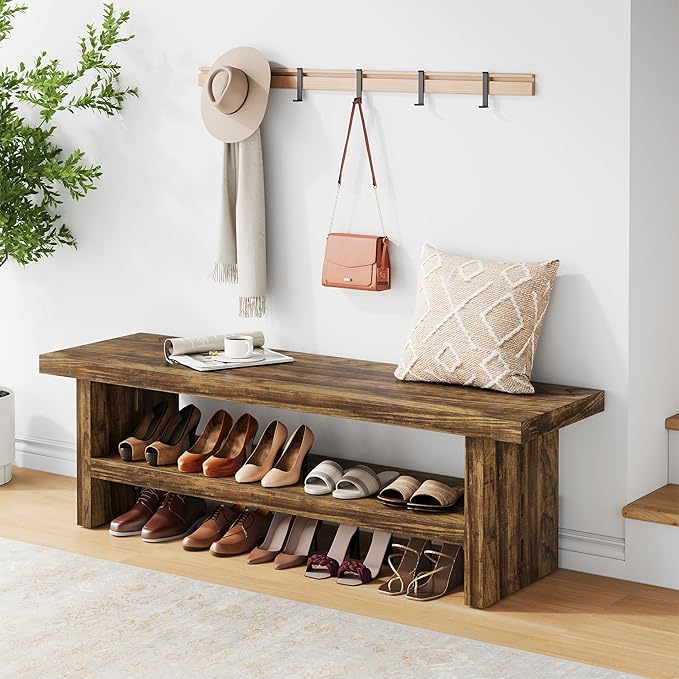 2 Tier Entryway Bench, 47.24" Shoe Bench, Rustic Shoe Rack, Wooden Storage Bench for Entryway Hallway Living Room Bedroom, Easy Assembly, Rustic Brown