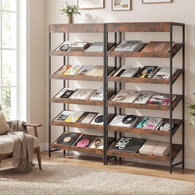 Tangkula 6-Tier Bookshelf, Tall Freestanding Bookcase with Angled Shelves, Industrial Display Rack Storage Organizer with Metal Frame & Anti-Tip Kits for Home Office Living Room (Rustic Brown, 63.5”H)