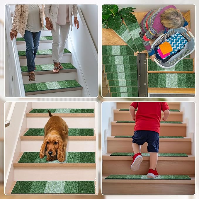OLANLY Stair Treads Non Slip 15PCS, 8" x 30" Indoor Stair Runners for Wooden Steps, Edging Stair Rugs with Reusable Peel and Stick Adhesive for Kids Elders and Pets, Green