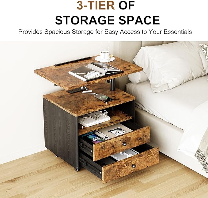 Bedroom Nightstand with Drawers & Charging Station, Adjustable Height Bedside Table with Wheels, Wooden Small Sofa Side Tables with Storage for Living Room, Rustic Brown