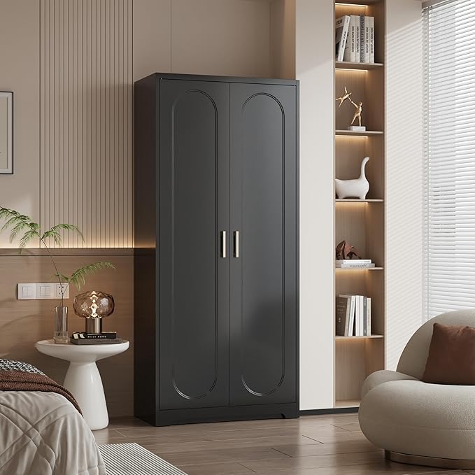 Metal Armoire Wardrobe Closet with Hanging Rod, 71" Tall Wardrobe Cabinet for Clothes, Black Clothing Storage Cabinet with Doors and Shelves, Large Wardrobes for Bedroom, Office, Employee