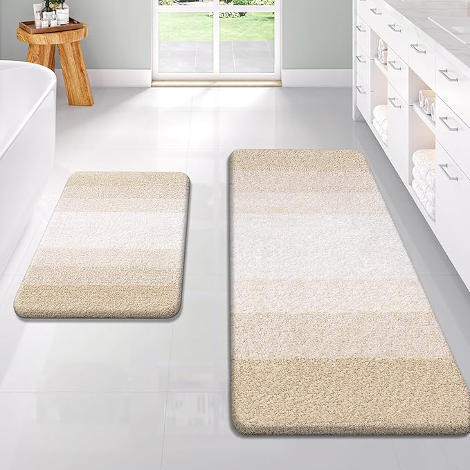 OLANLY Bathroom Rug Set 2 Piece, Soft Absorbent Microfiber Bath Rug Set, Non-Slip, Machine Wash Dry, Plush Shaggy Bath Mats for Bathroom (47"x20"+24"x16", Light Beige)