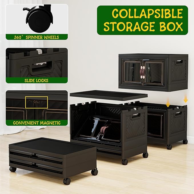 Storage Bins with Lids and Wheels, 199QT-99.5QT*2Tier Collapsible Bathroom Storage Cabinet with Clear Doors, Plastic Stackable Closet Organizers and Containers Black