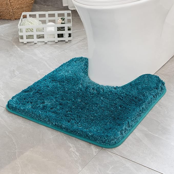 MIULEE Microfiber Toilet Bath Mat U-Shaped Contour Shaggy Bathroom Rugs Non Slip Extra Thick Soft Bath Rug Absorbent Water for Bathroom Commode Machine Washable(20x20 Inch, Teal)