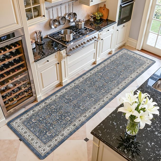 Color&Geometry Anti Fatigue Kitchen Mats for Floor 24x87, Vintage Decor, Easy Clean, Waterproof & Oil Proof, 0.4" Thick Cushioned, Non-Slip Kitchen Runner Rug for Sink, Laundry, Office, Blue