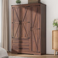 3 Doors Wardrobe Armoire Closet with Doors and Drawers, Farmhouse Wooden Armoire Storage Cabinet with Shelves & Hanging Rod for Bedroom, Brown