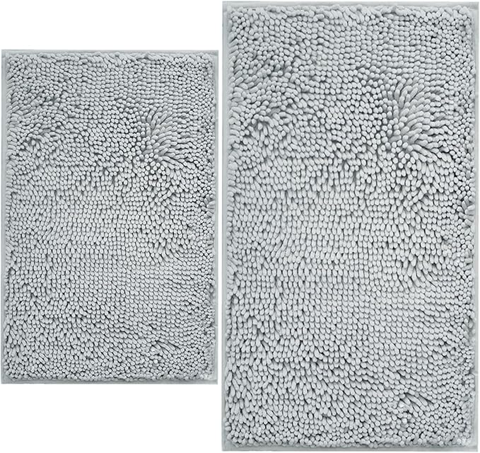 BOANKODU Bathroom Rugs Sets 2 Piece, Extra Soft Chenille Bath Mat Absorbent Bathroom Rug, Bathroom Mat with PVC Non-Slip Bottom, Machine Washable Bath Rugs (32x20 Inch + 24x16 Inch, Light Grey)