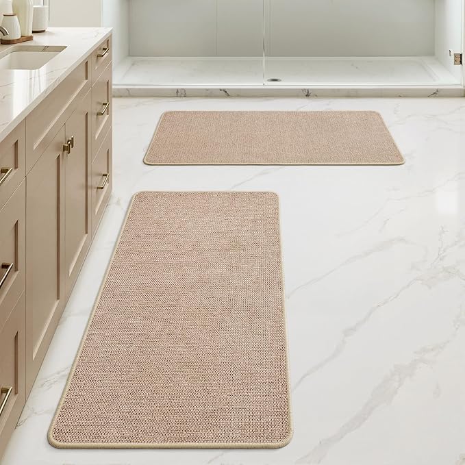 MIULEE Set of 2 Ultra Thin Bathroom Rugs, Rubber Bath Mats for Bathroom Non Slip, Quick Dry Absorbent Bath Rug Machine Washable, Fit Under Door, Shower, Sink, Home Decor, Beige, 17x35 Inch