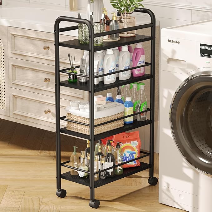 Slim Rolling Cart, 4-Tier Narrow Storage Cart with Handle, 9.1 Inches Deep, Bathroom Shelf for Small Spaces, Kitchen, Dining Room, Living Room, Laundry Room, Black