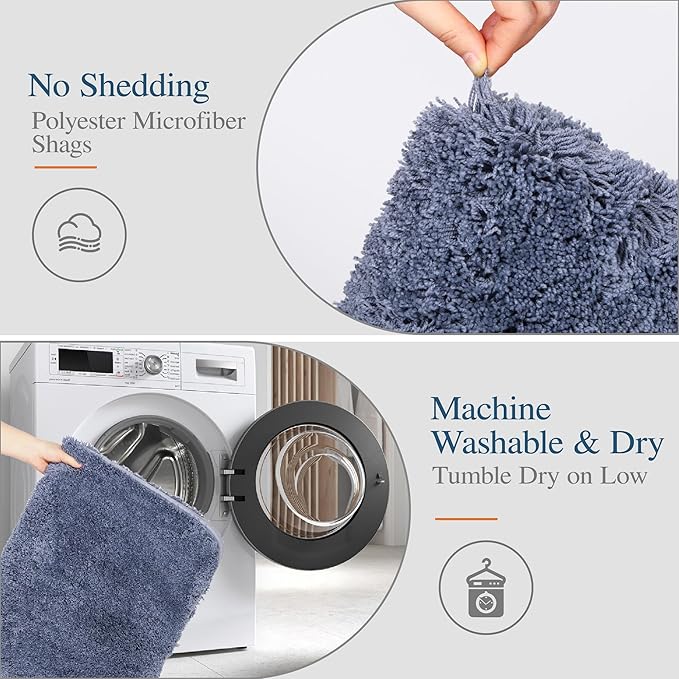 Walensee Contour Rug (20x24, Blue) Non Slip Bath Mat for Bathroom Water Absorbent Soft Microfiber Shaggy Mat Machine Washable U Shape Toilet Rug
