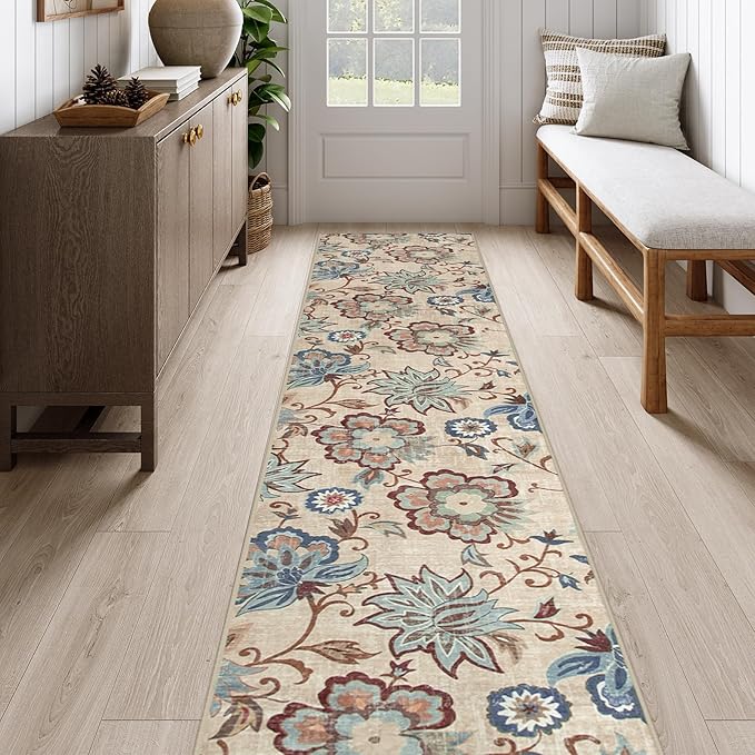 Beeiva Floral Hallway Runner Rug, Vintage Beige 2.5x12 Lightweight Kitchen Rugs Non Slip Washable, Printed Distressed Ultra Thin Foldable Rug Runner for Bedroom Bathroom