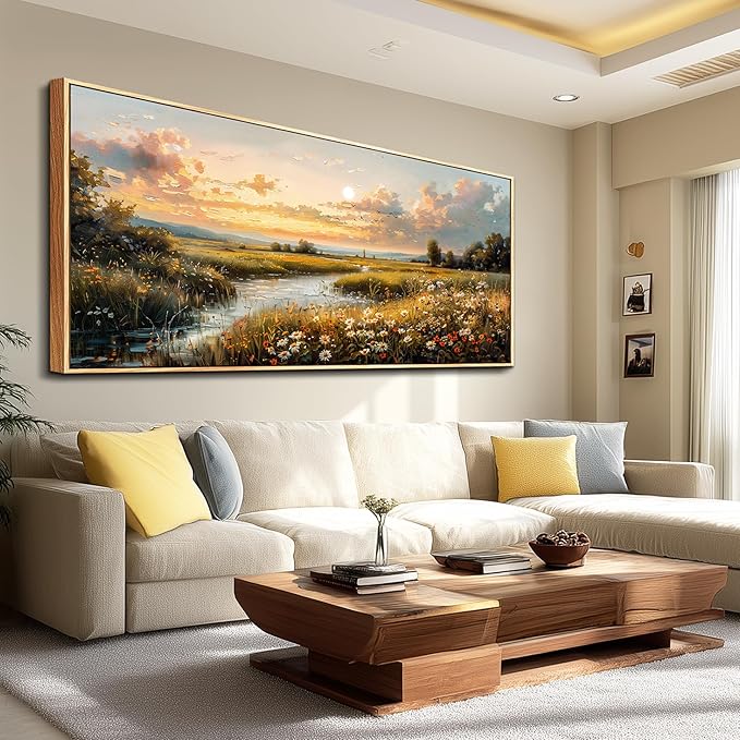 FUHAIHUA Wood Framed Canvas Wall Art For Living Room Large Wall Decor For Office Bedroom Decorations Sunset Landscape Pictures Farmhouse Painting Artwork Room Wall Mural Aesthetic Home Decor 32x72 In