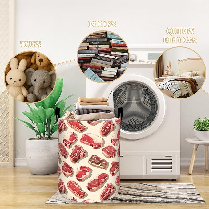 Realistic Steak Raw Meat Laundry Basket, Dorm Nursery Foldable Laundry Hamper Organizer for Bathroom Decor, Toy Clothes Storage Box for Bedroom 19.7x15.7 Inch
