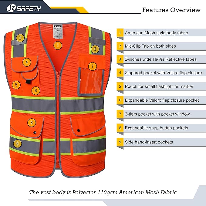 JKSafety 9 Pockets Hi-Vis Reflective Safety Vest | Mesh Fabric | Fluorescent Orange Color with Neon Yellow Extended Trims | ANSI/ISEA Compliance (100-Orange, 4XL)