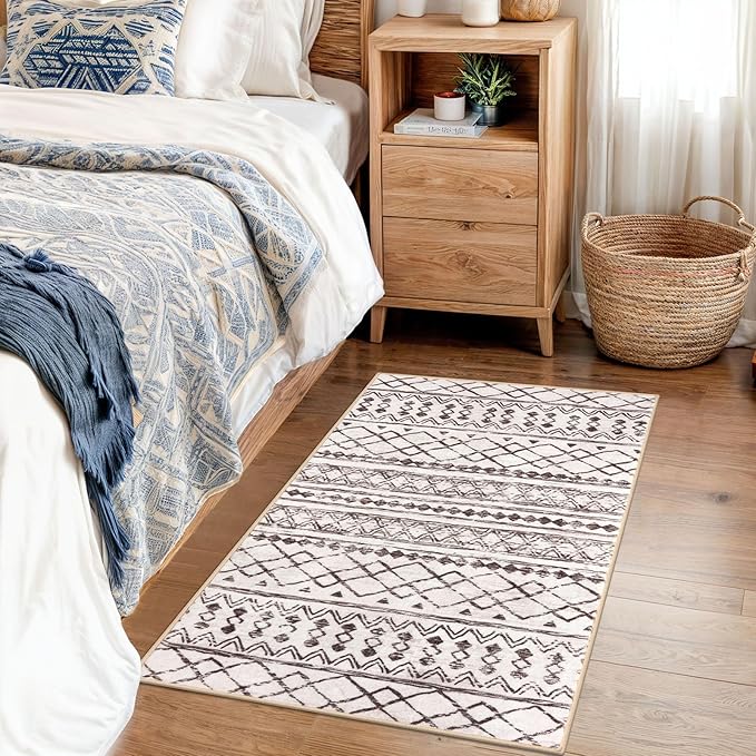 KUTA Moroccan Kitchen Rugs, 2x3 Brown Cream Entryway Rug Non-Slip Washable Small Indoor Door Mat, Ultra Soft Print Vintage Geometric Low-Pile Floor Carpet for Indoor, Entrance, Kitchen