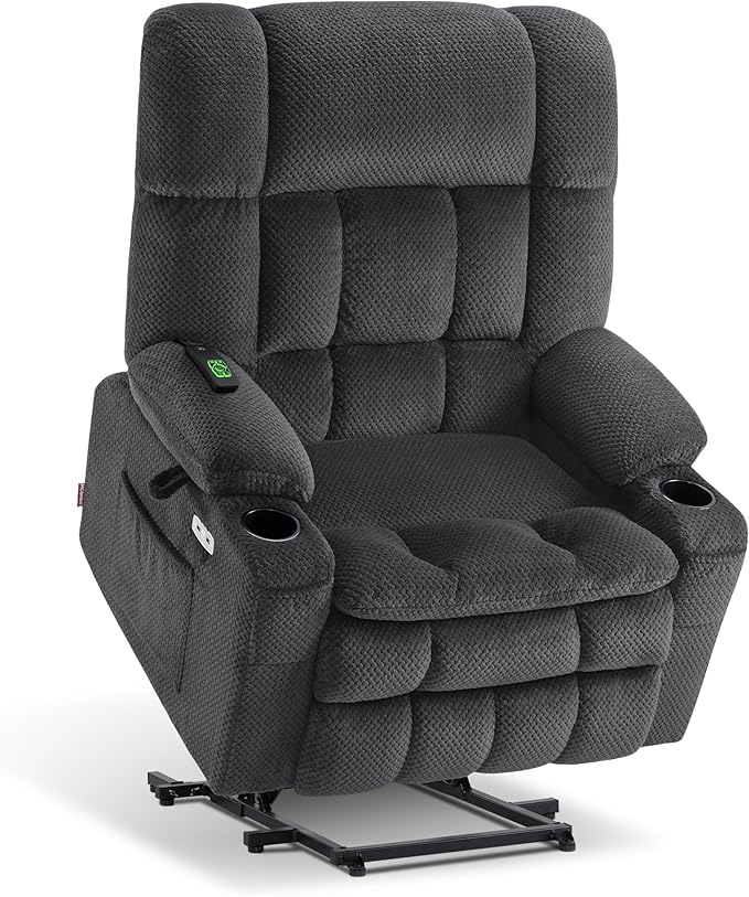 MCombo Oversized Power Lift Recliner Chair for Elderly, Dual Motor Lift Chair with Heat and Massage, Lay Flat Lift Chair for Big and Tall, Cup Holders, Fabric R7891 (Oversize, Dark Gray)