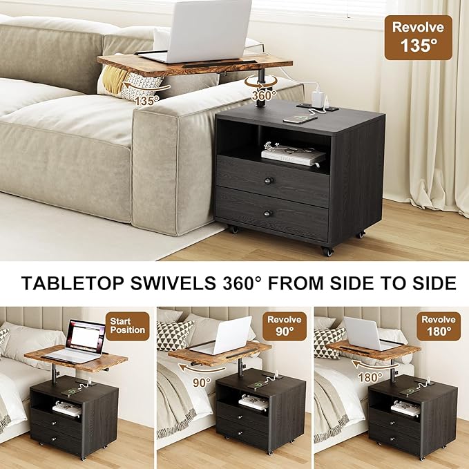 Bedroom Nightstand with Drawers & Charging Station, Adjustable Height Bedside Table with Wheels, Wooden Small Sofa Side Tables with Storage for Living Room, Black Brown