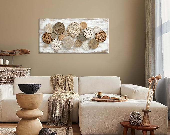Brown Rattan Plates Canvas Wall Art for Living Room Painting Prints Beautiful Geometric Radial Geometry White Modern Artwork Office Bedroom Girls Decor Extra Large
