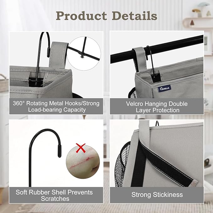 Surblue Bedside Organizer with Hook Caddy Storage Bag with Adjustable Straps and Water Bottle Holder for Home College Dorm Bunk Bed Accessories, Crib, Hospital, Grey