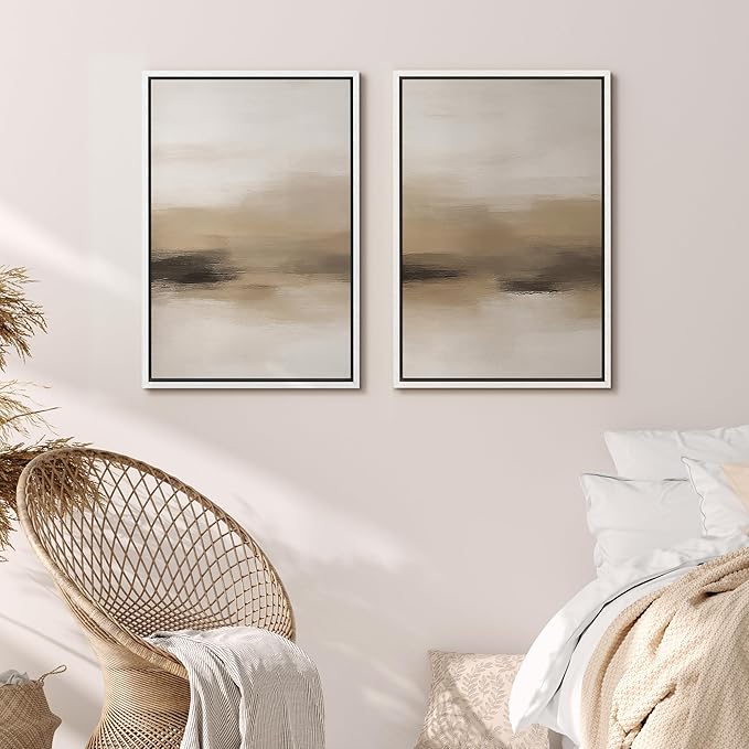 MUDECOR Framed Canvas Print Wall Art Abstract Neutral Beige Contemporary Minimalist Landscape Illustrations Modern Art Decorative Bohemian Colorful for Living Room, Bedroom, Office - 24"x36"x2 White