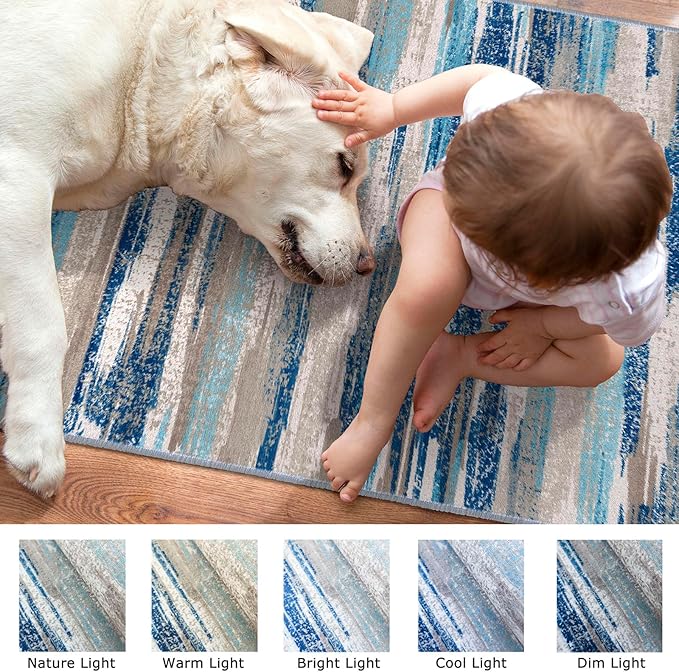 Modern Abstract Runner Rug 3x16, Blue Washable Long Kitchen Runner Non-Slip Soft Hallway Rug Runner Ultra Thin Print Faux Wool Carpet for Entryway Bedroom Laundry Room Indoor Home Decor