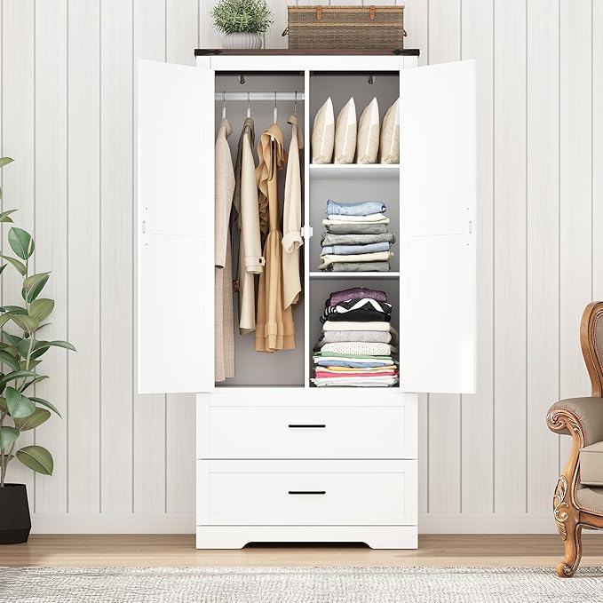 2 Doors Wardrobe Armoire Closet with Doors and Drawers, Farmhouse Wooden Armoire Storage Cabinet with Shelves & Hanging Rod for Bedroom, White
