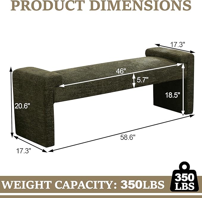 58.7" End of Bed Bench Upholstered Modern Bedroom Bench for Living Room & Entryway, Easy Assembly, Footrest Ottoman Accent Window Bench with Solid Wood Frame & Curved Arm, Green