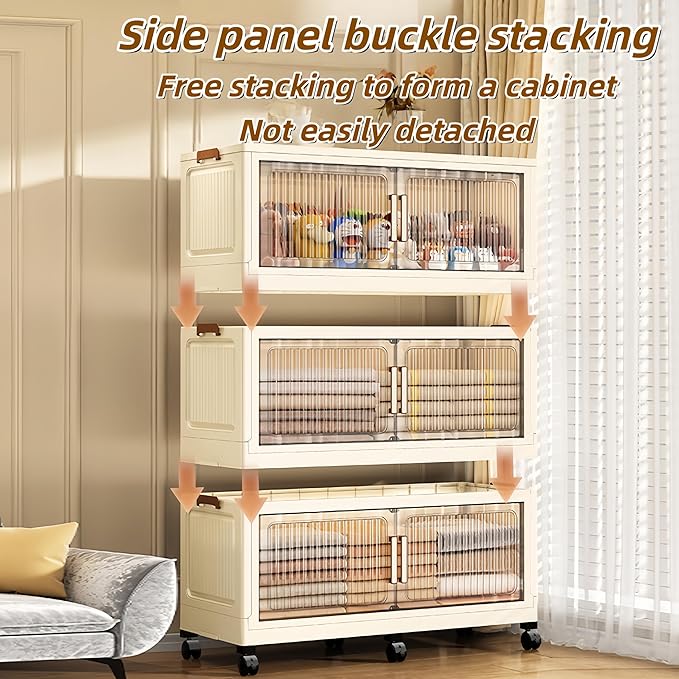 479QT 35.4'' Wide Stackable Storage Bins with Lid,4-Tier Large Foldable Plastic Drawer Storage with Wheels,Closet Organizers and Storage for Living Room, Office, Dorm