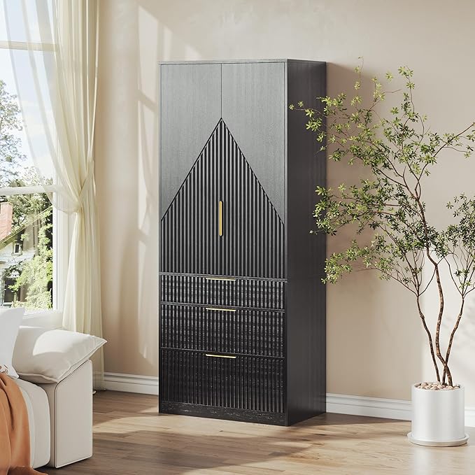 71.7" Wardrobe Armoire Wooden Closet with 2 Doors and 3 Drawers, Bedroom Armoire with Hanging Rod Shelf, Large Capacity Storage Wardrobe Armoire, Freestanding Wooden Closet Storage Cabinet Black