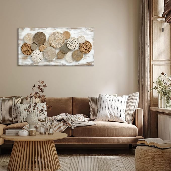 Brown Rattan Plates Canvas Wall Art for Bedroom Painting Prints Beautiful Geometric Radial Geometry White Modern Artwork Office Girls Decor