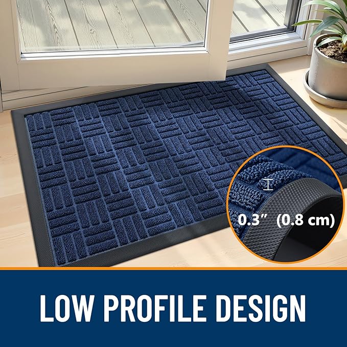 OLANLY Front Door Mat Outside Entrance 35x23, Absorbent, Heavy Duty Sturdy Natural Rubber Doormat Indoor Outdoor, Non-Slip, Stain and Fade Resistant, Low Profile Floor Mat for Entryway, Navy Blue