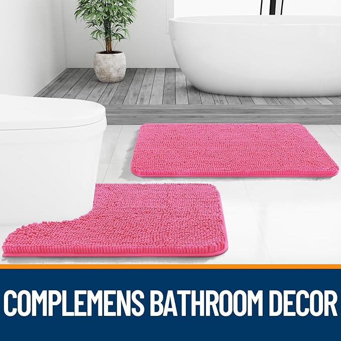 OLANLY Bathroom Rugs Sets 3 Piece, Soft Absorbent Chenille Bath Mats and U-Shaped Contour Toilet Rug, Quick Dry, Home Decor Accessories, Bath Mat Set for Bathroom (30"x20"+24"x16"+24"x20", Hot Pink)