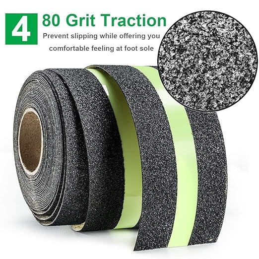 RELIANCER Anti Slip Safety Grip Tape 2inx30ft Green Glowing in The Dark Non Skid Stage Safety Tape High Traction Grit Stairs Tape Hazard Caution Warning Tape for Steps (2"×30', Green&Black)