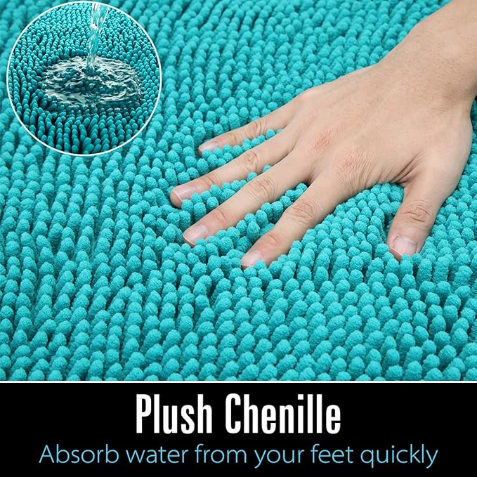 LOCHAS Luxury Bathroom Rug Shaggy Bath Mat 24 x 48 Inch, Washable Non Slip Bath Rugs for Bathroom Shower, Soft Plush Chenille Absorbent Carpets Mats, Teal Blue